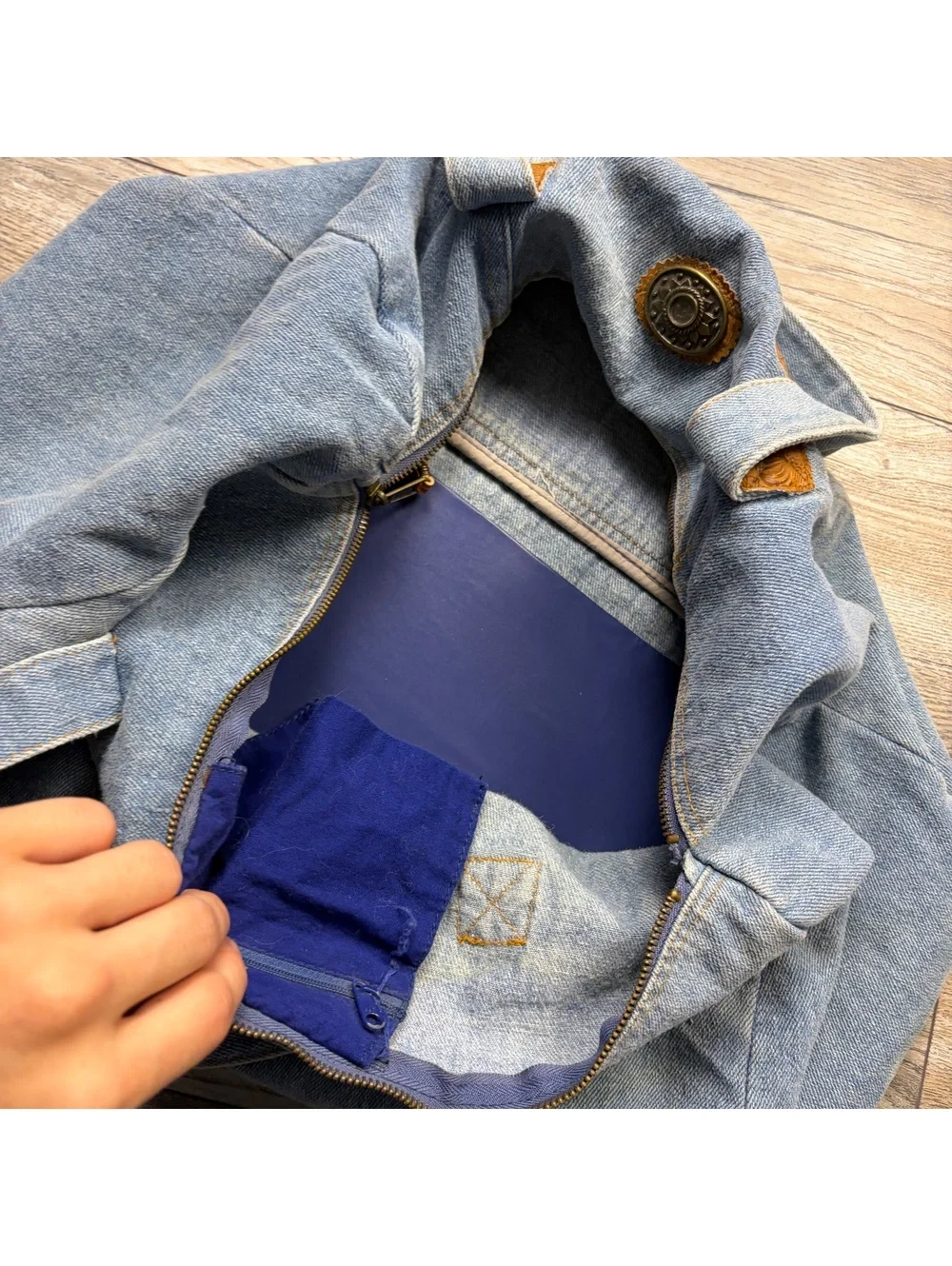 Vintage denim duffel bag, stains throughout but no distressing